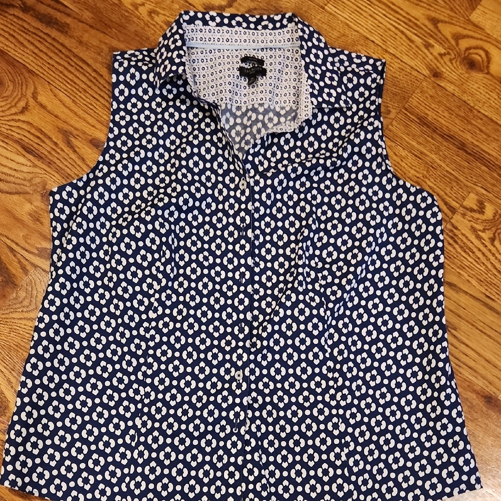Talbots Navy and White Sleeveless Blouse Women Size 14P